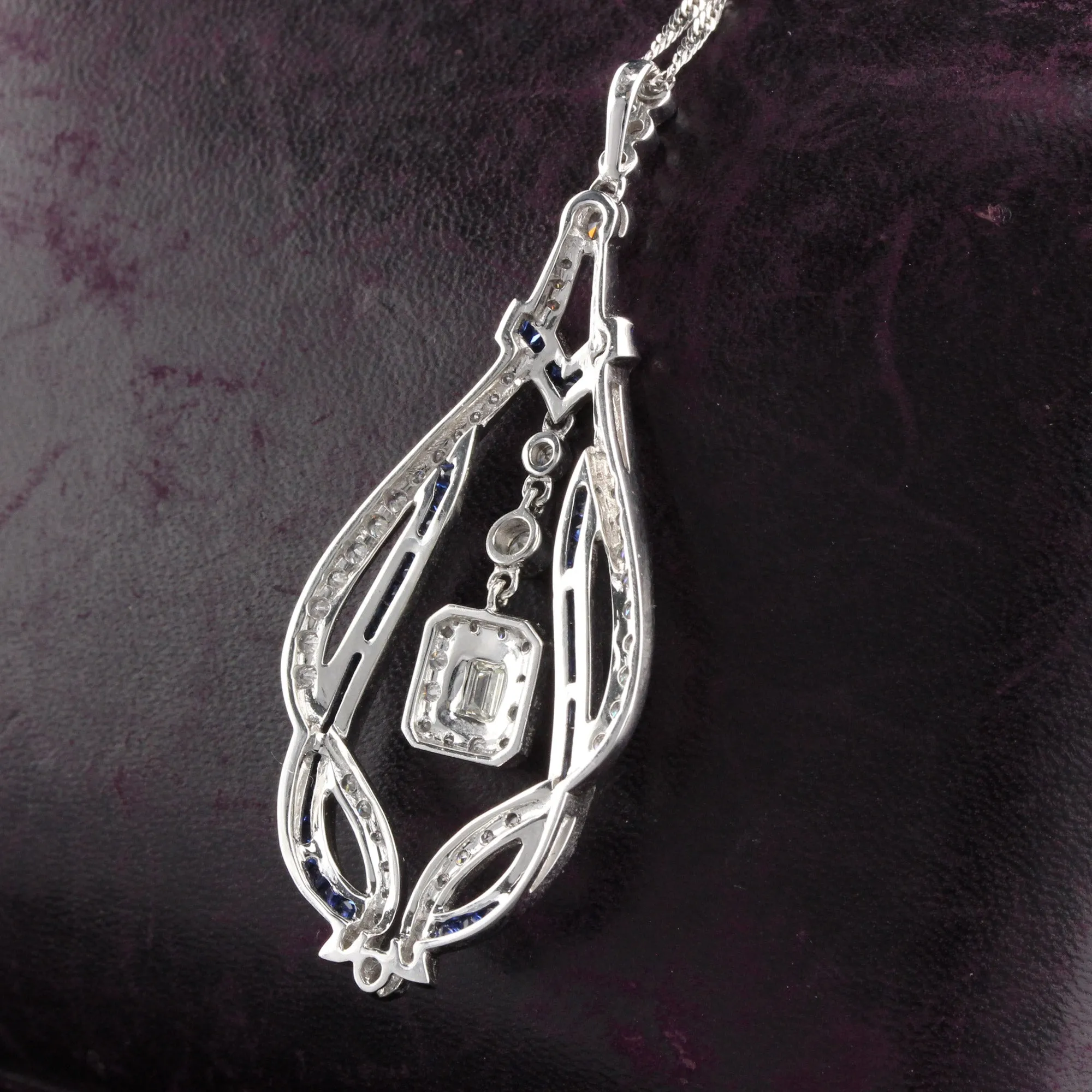 Art Deco Style 18K White Gold Diamond and Sapphire Necklace