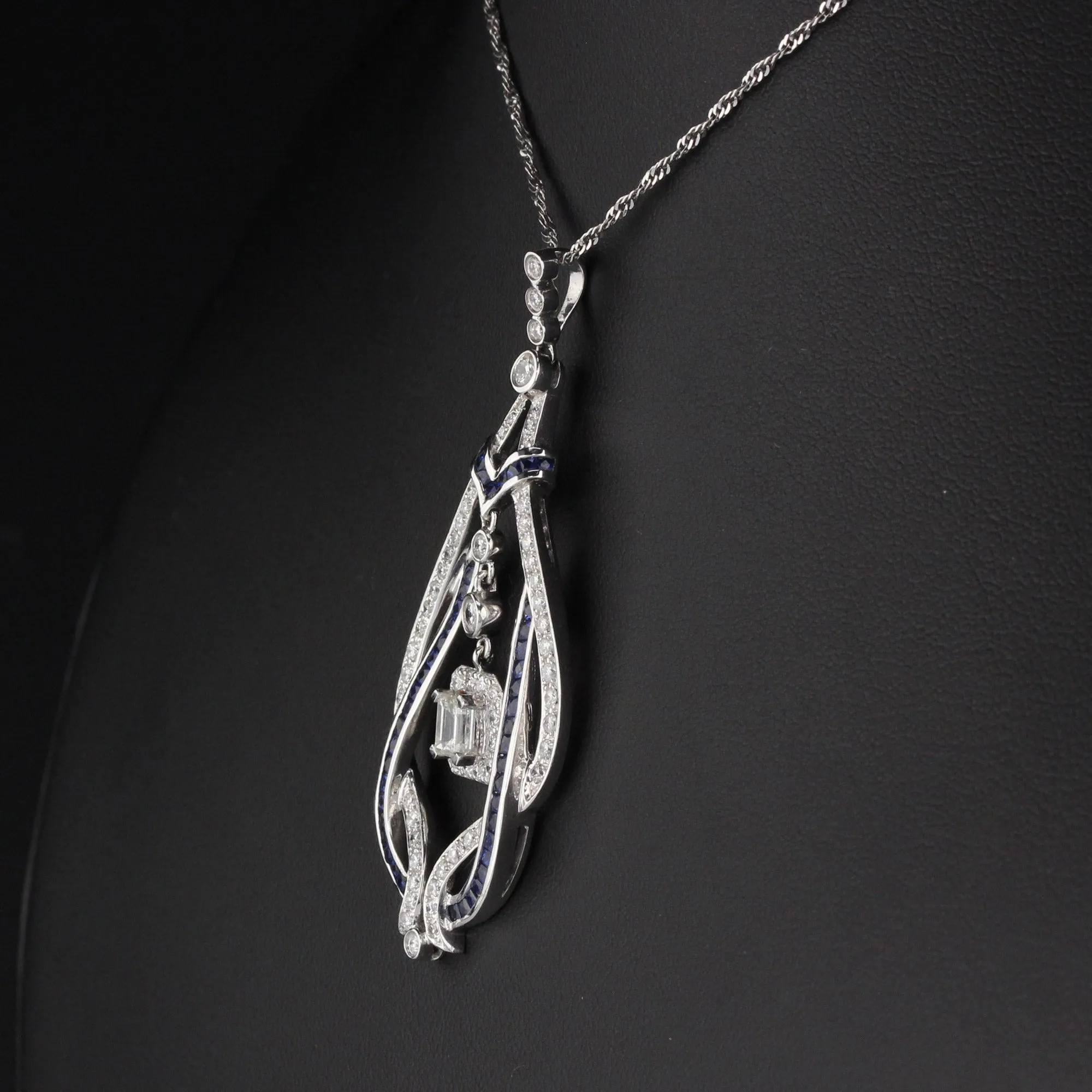 Art Deco Style 18K White Gold Diamond and Sapphire Necklace