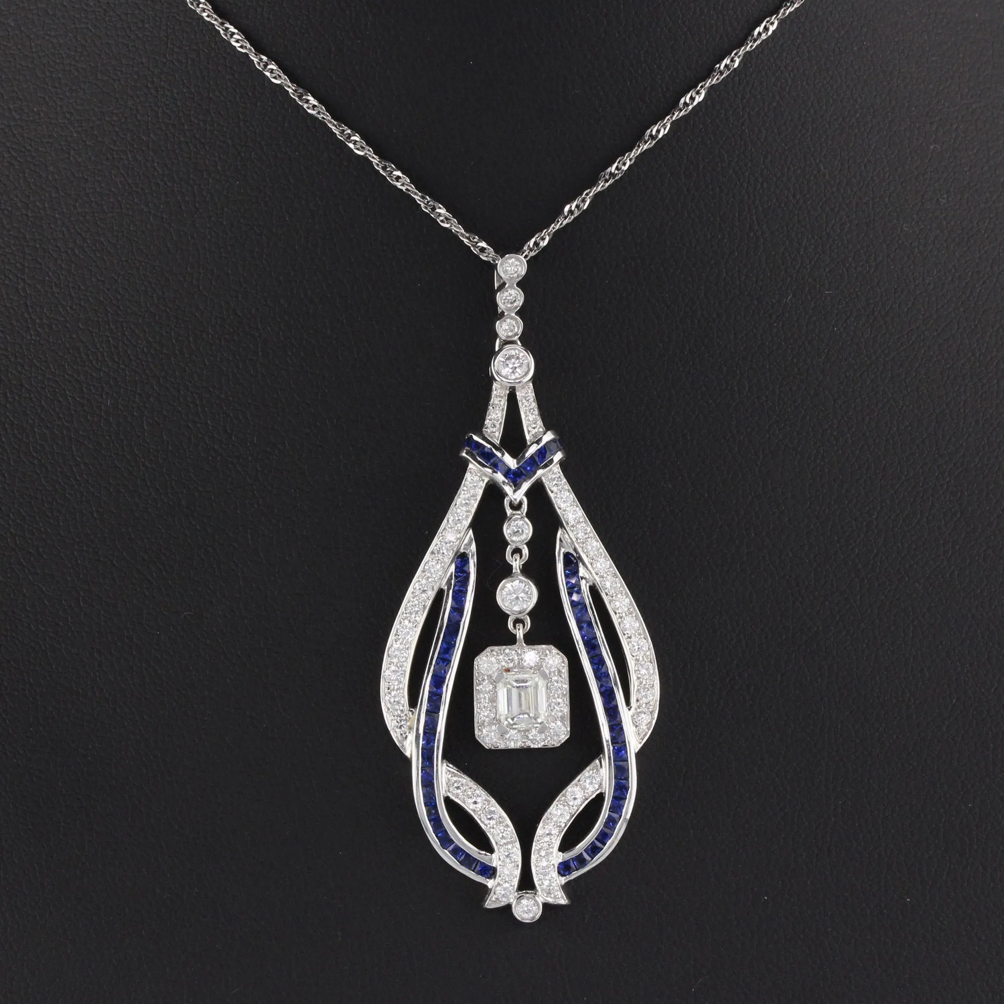 Art Deco Style 18K White Gold Diamond and Sapphire Necklace