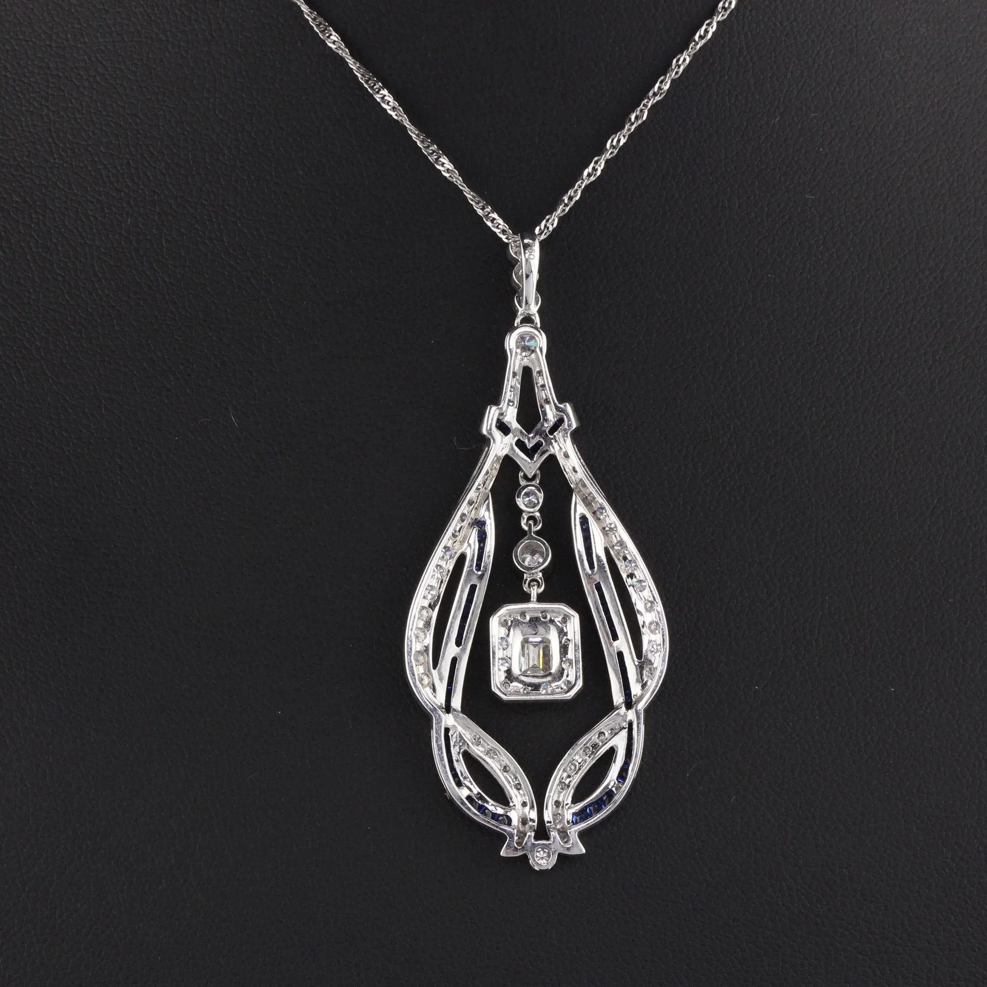 Art Deco Style 18K White Gold Diamond and Sapphire Necklace