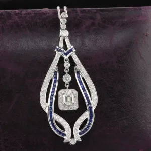 Art Deco Style 18K White Gold Diamond and Sapphire Necklace