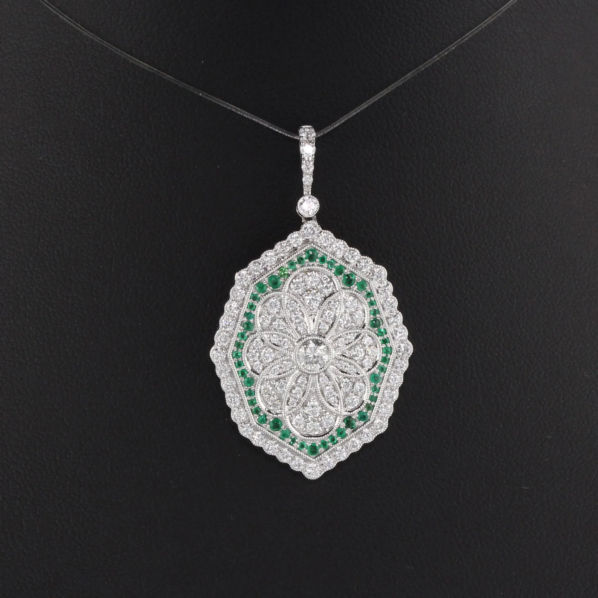 Art Deco Style Pendant - 18K White Gold and Emerald