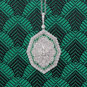 Art Deco Style Pendant - 18K White Gold and Emerald