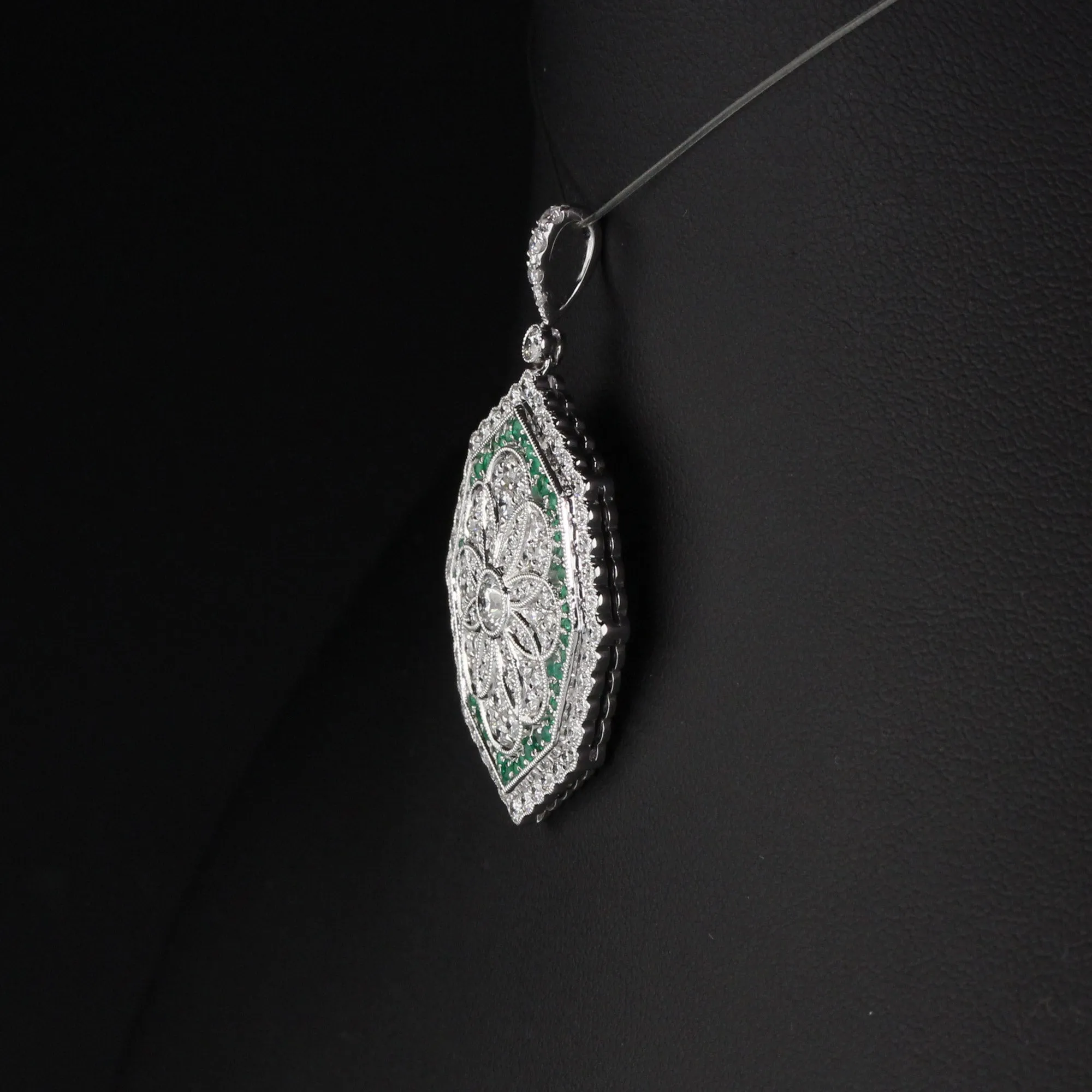 Art Deco Style Pendant - 18K White Gold and Emerald