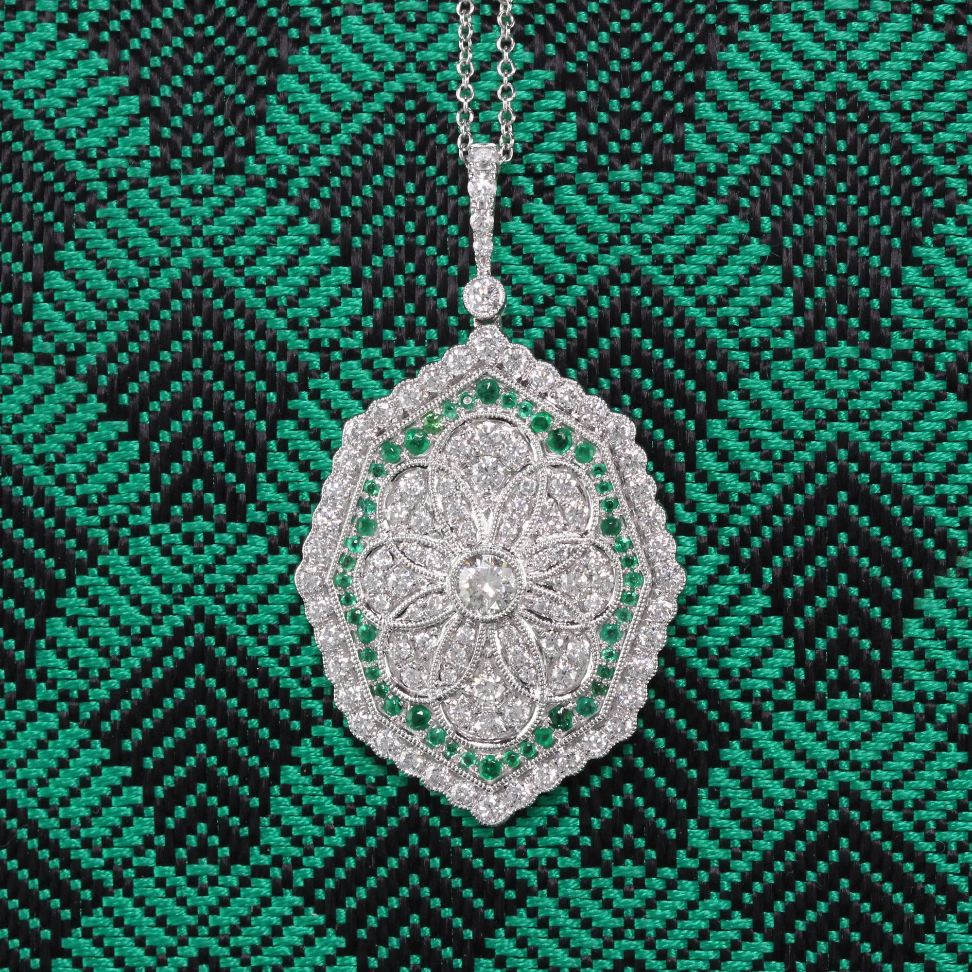 Art Deco Style Pendant - 18K White Gold and Emerald