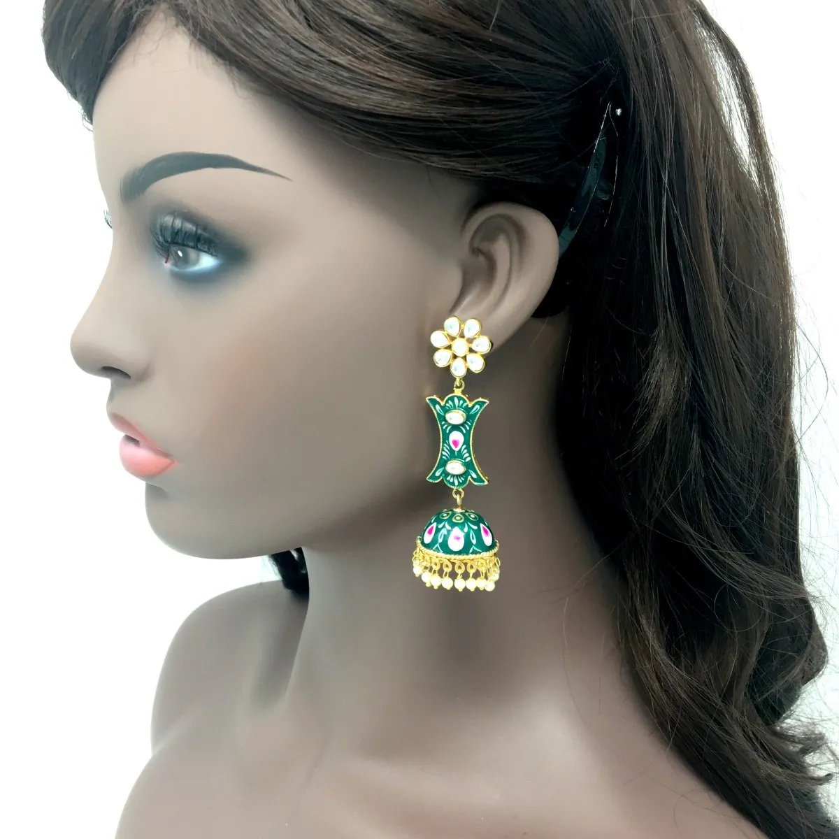 Artistic Green Meenakari Jhumka Earrings