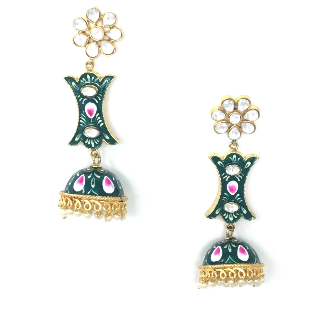 Artistic Green Meenakari Jhumka Earrings