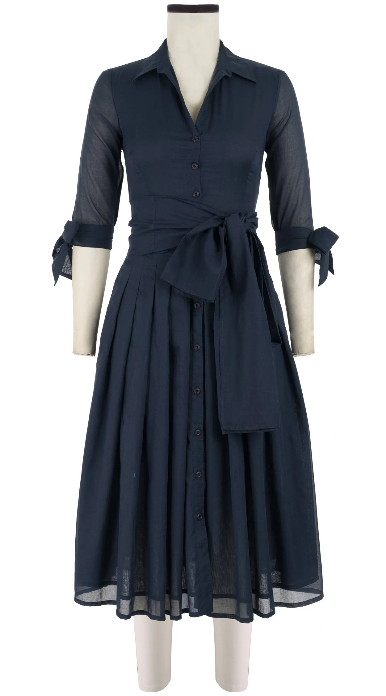 Audrey Dress #4 Shirt Collar 3/4 Tie Sleeve Midi Length Cotton Musola_Solid_Indigo