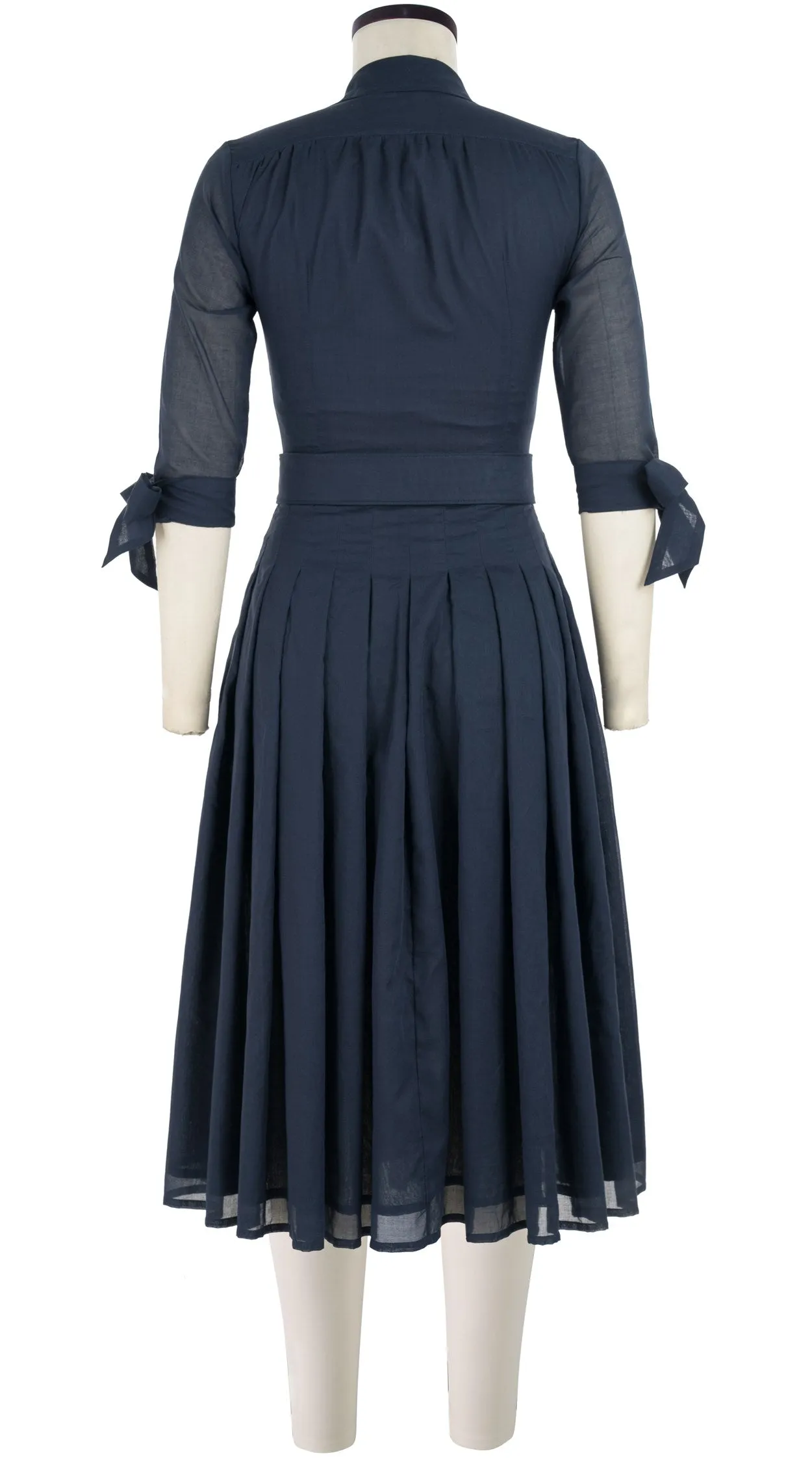 Audrey Dress #4 Shirt Collar 3/4 Tie Sleeve Midi Length Cotton Musola_Solid_Indigo