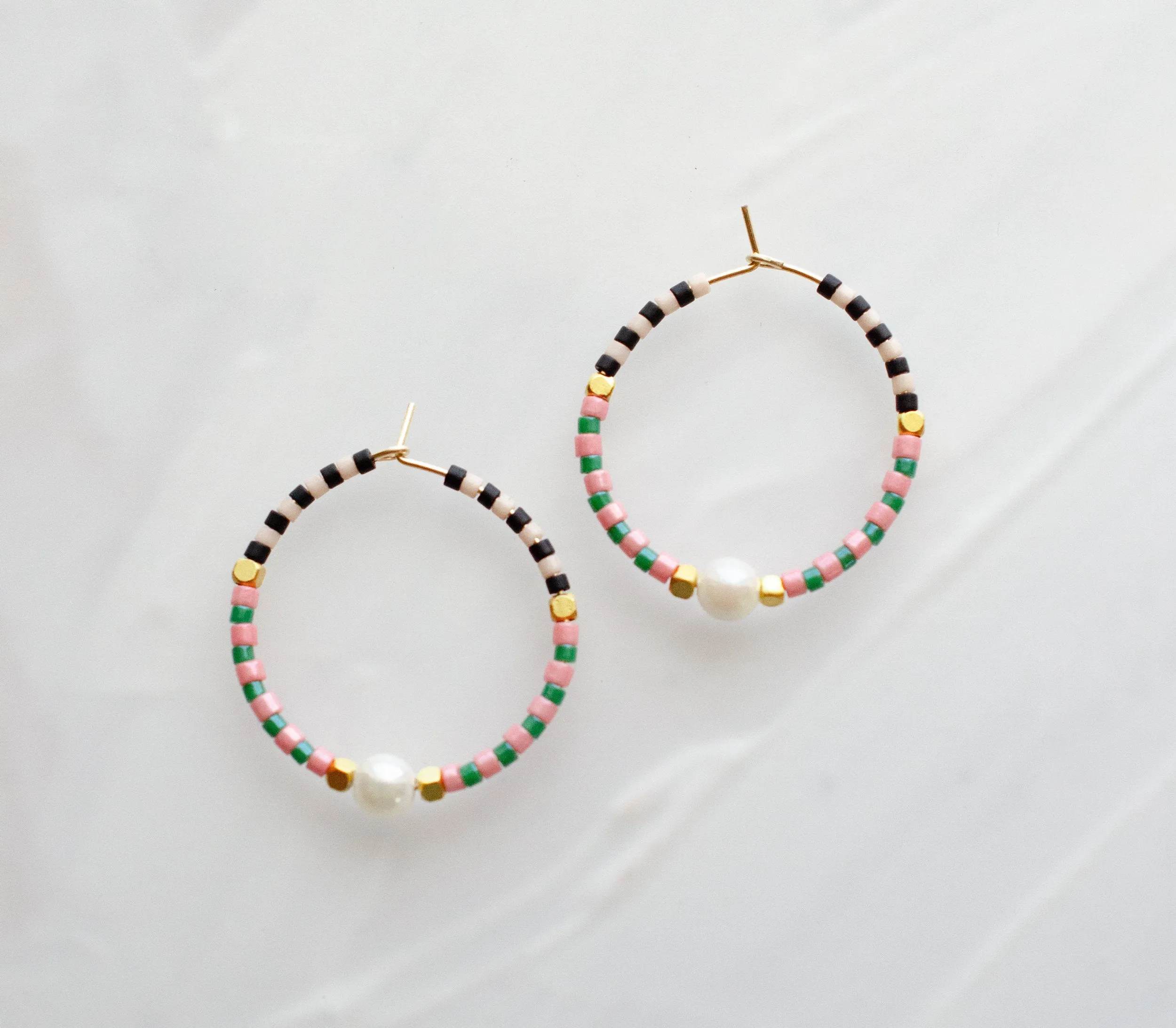 Beaded pearl hoop earrings, gold filled hoops, beaded hoop earrings, lightweight hoops, colorful hoop earrings, pearl hoops, pearl earrings