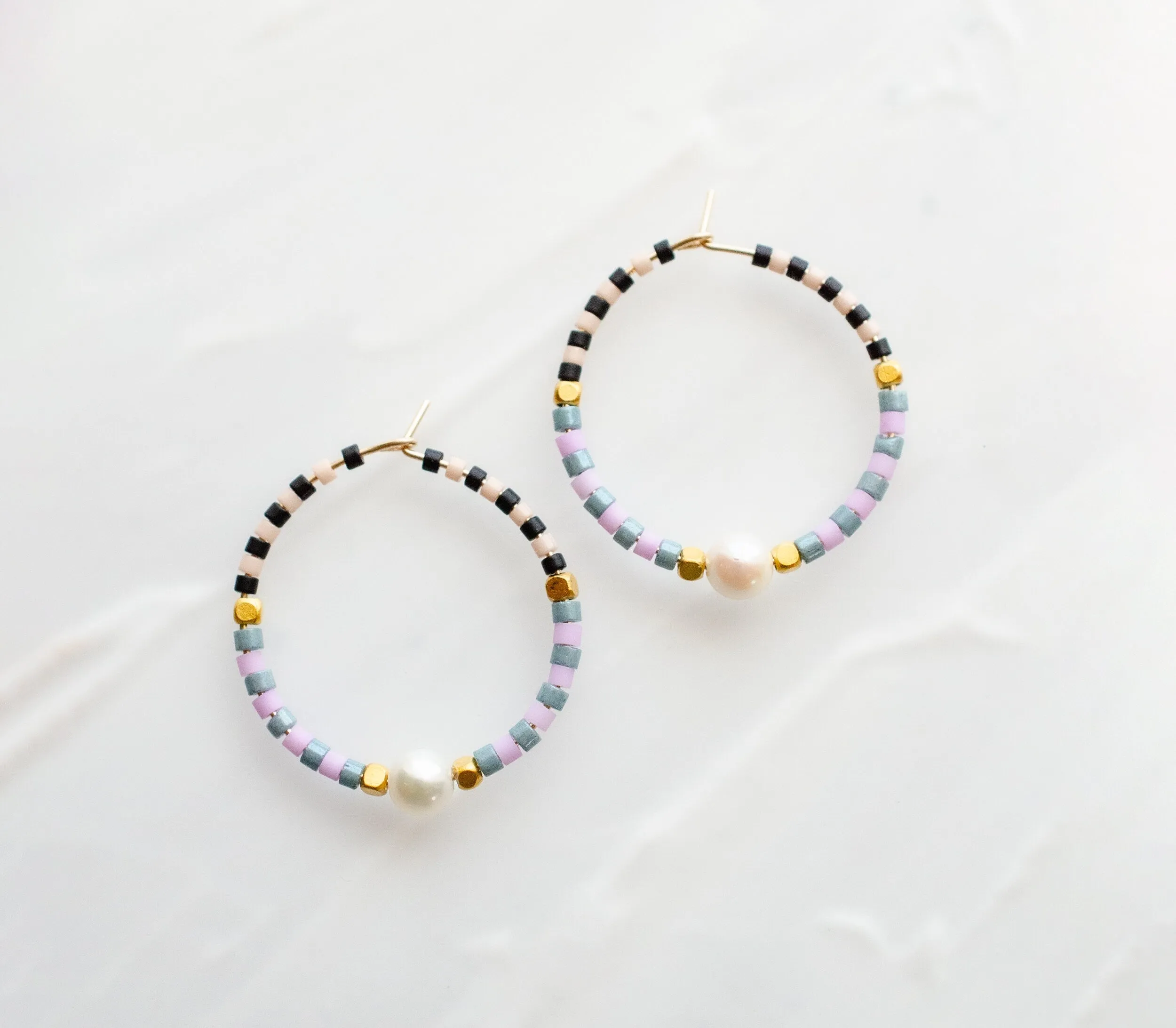 Beaded pearl hoop earrings, gold filled hoops, beaded hoop earrings, lightweight hoops, colorful hoop earrings, pearl hoops, pearl earrings