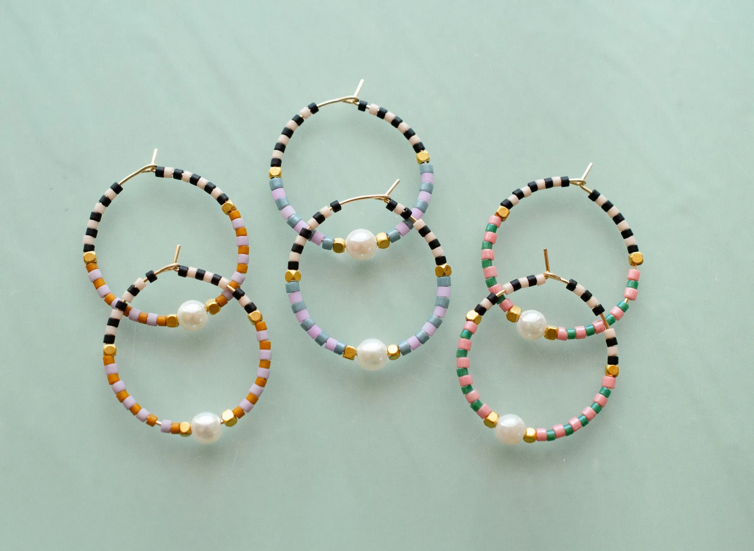 Beaded pearl hoop earrings, gold filled hoops, beaded hoop earrings, lightweight hoops, colorful hoop earrings, pearl hoops, pearl earrings