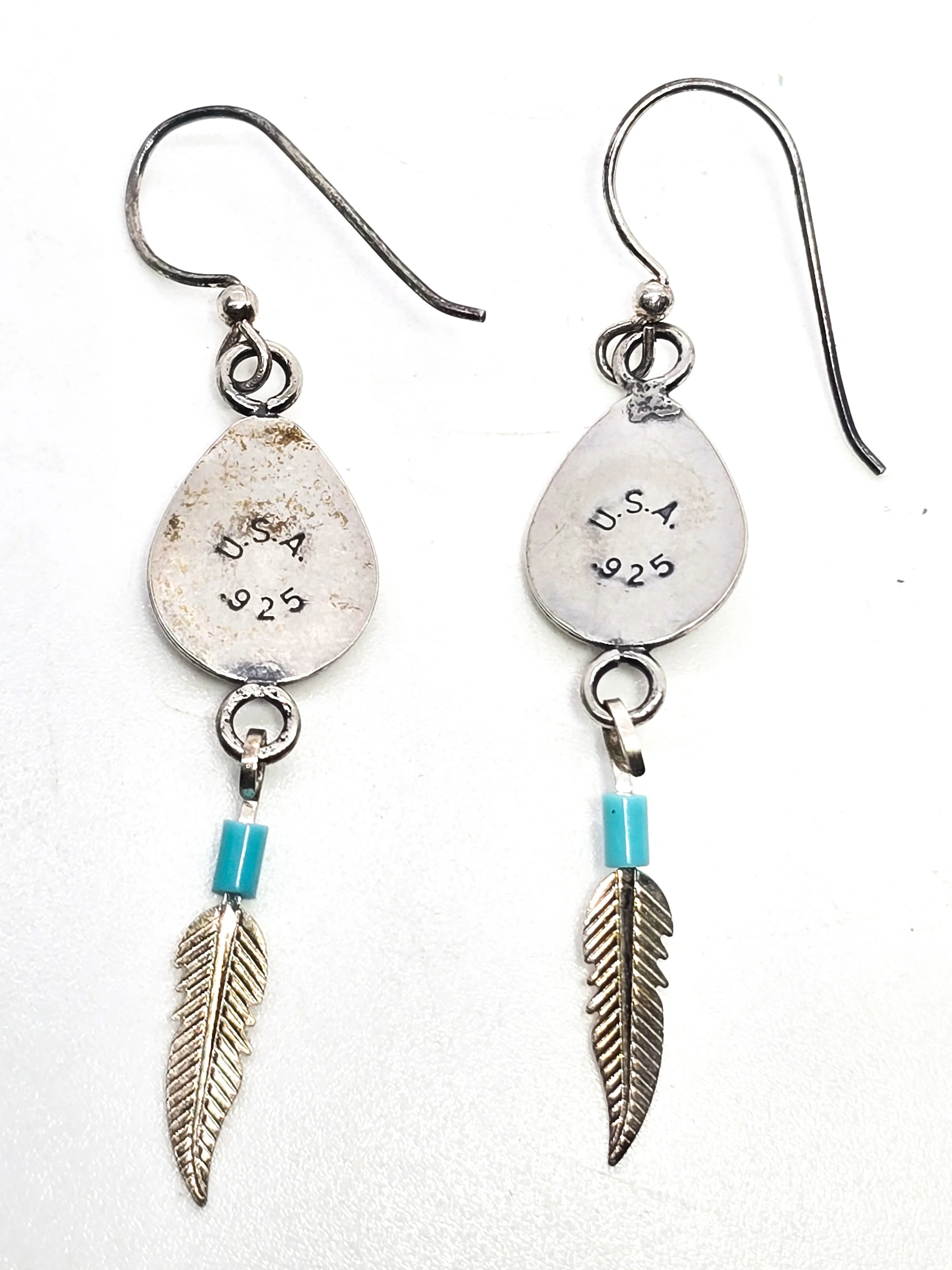 Bear Paw Shadowbox sterling silver block turquoise Southwestern feather drop earrings