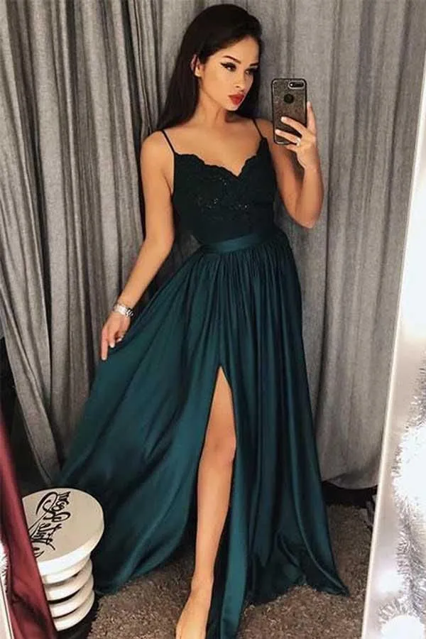 Beautiful Spaghetti-Straps Lace Appliques Prom Dress Long With Split