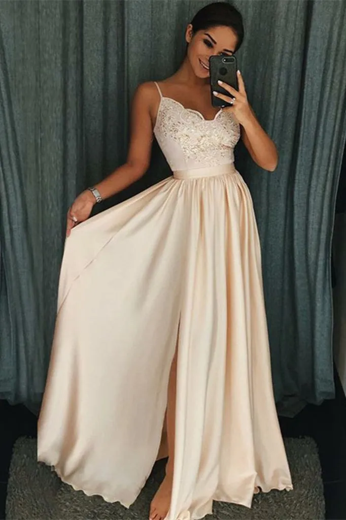 Beautiful Spaghetti-Straps Lace Appliques Prom Dress Long With Split