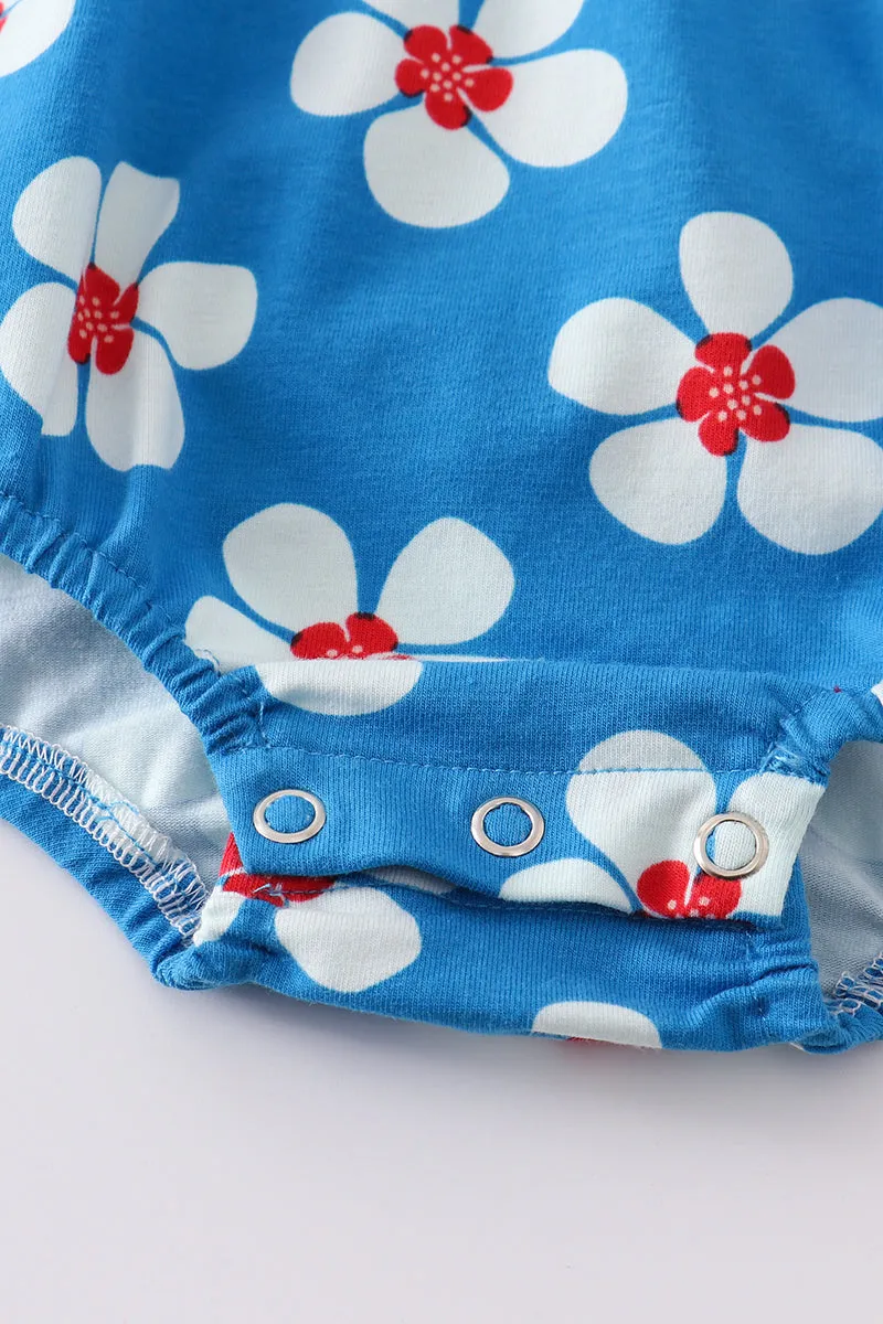 Blue & White Floral Print Ruffle Girl Romper