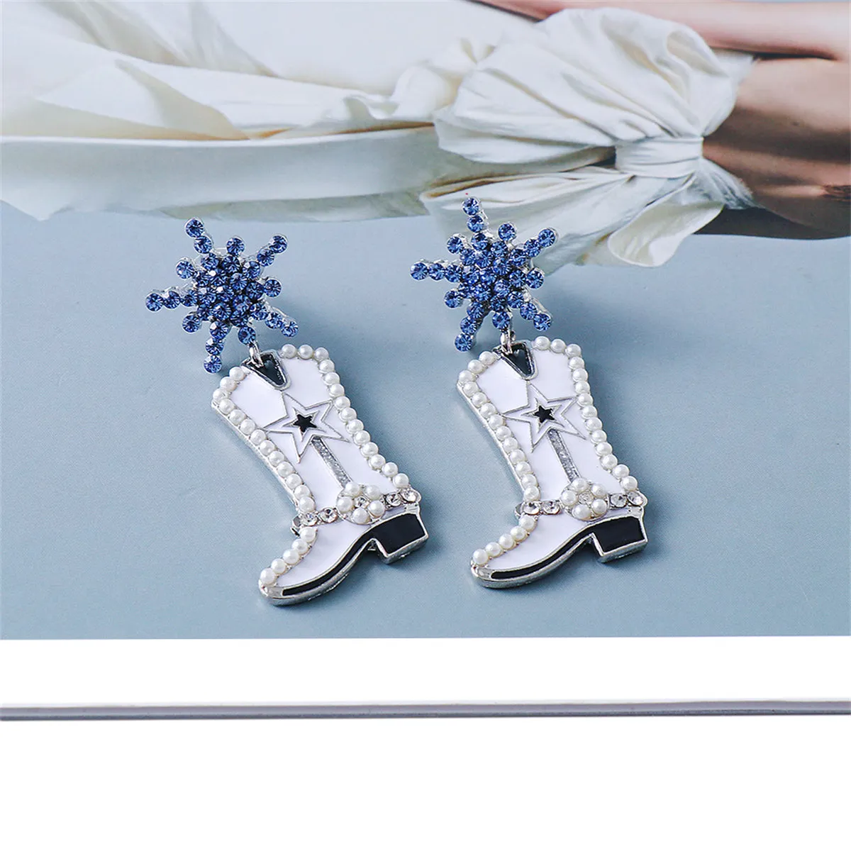 Blue Cubic Zirconia & Pearl Silver-Plated Cowboy Boot Drop Earrings