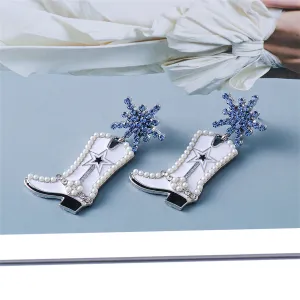 Blue Cubic Zirconia & Pearl Silver-Plated Cowboy Boot Drop Earrings