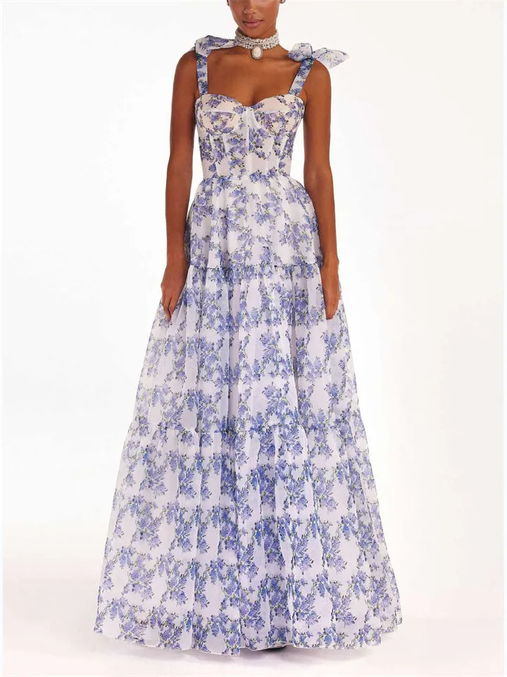 Blue Floral Print Organza Princess Dress