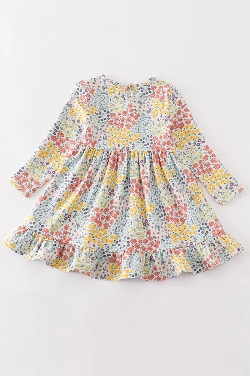 Blue Floral Print Ruffle Girl Dress