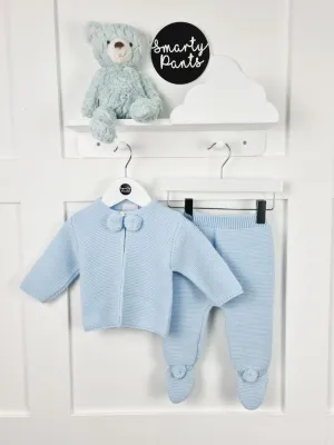 Blue Knitted Pom Pom Jacket and Trousers Set