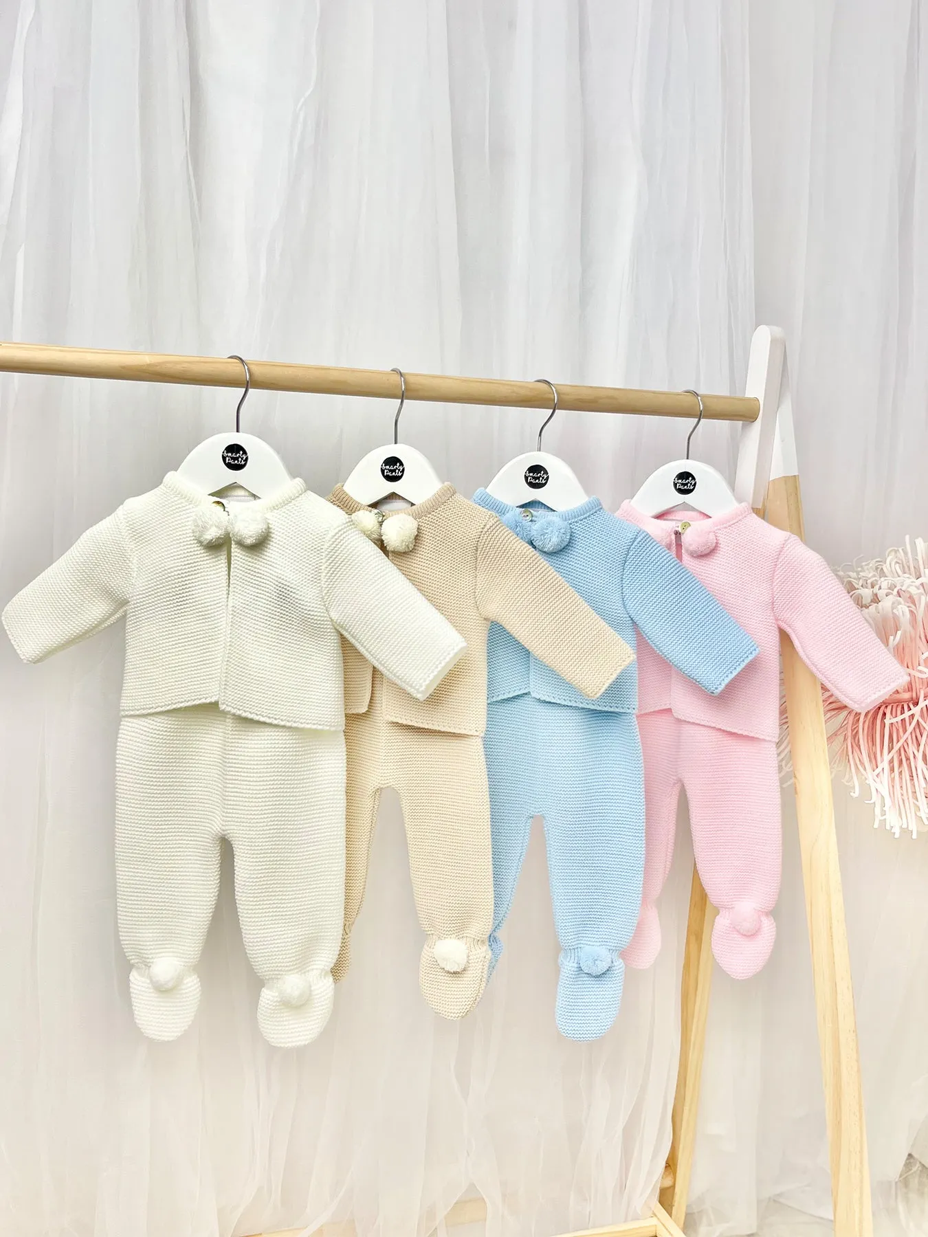 Blue Knitted Pom Pom Jacket and Trousers Set