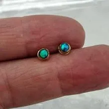 Blue Opal Stud Earrings  9k/14k Yellow Gold   Handmade  3mm Hadar Designers (I e118)