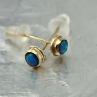 Blue Opal Stud Earrings  9k/14k Yellow Gold   Handmade  3mm Hadar Designers (I e118)