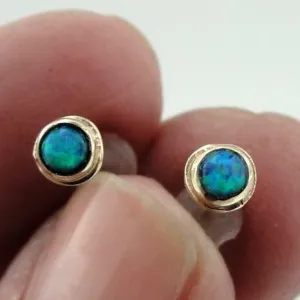 Blue Opal Stud Earrings  9k/14k Yellow Gold   Handmade  3mm Hadar Designers (I e118)
