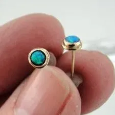 Blue Opal Stud Earrings  9k/14k Yellow Gold   Handmade  3mm Hadar Designers (I e118)