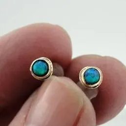 Blue Opal Stud Earrings  9k/14k Yellow Gold   Handmade  3mm Hadar Designers (I e118)