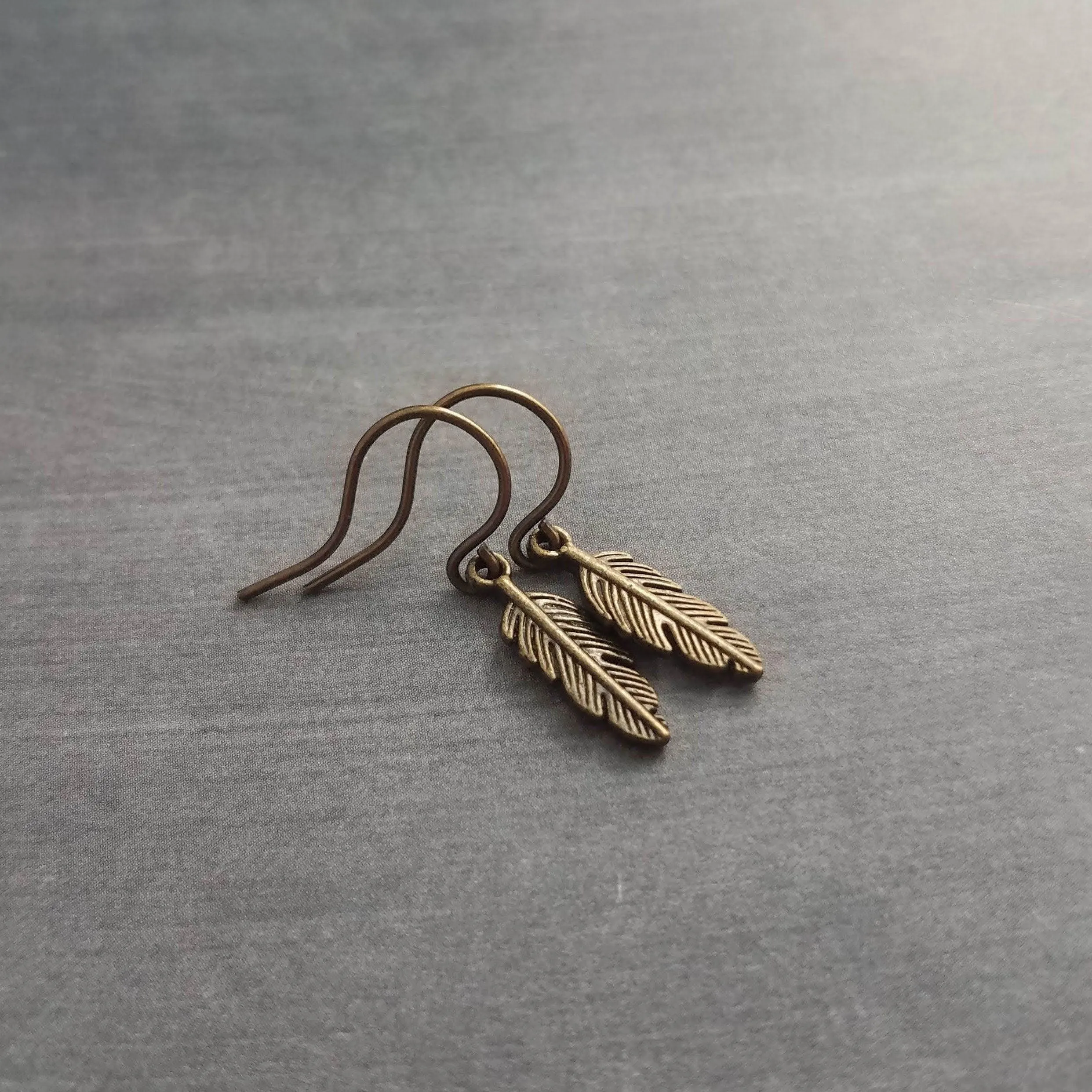 Bronze Feather Earrings, antique brass earring, bronze dangle, small feather earring, tiny feather earring, feather charm, simple feather