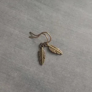 Bronze Feather Earrings, antique brass earring, bronze dangle, small feather earring, tiny feather earring, feather charm, simple feather