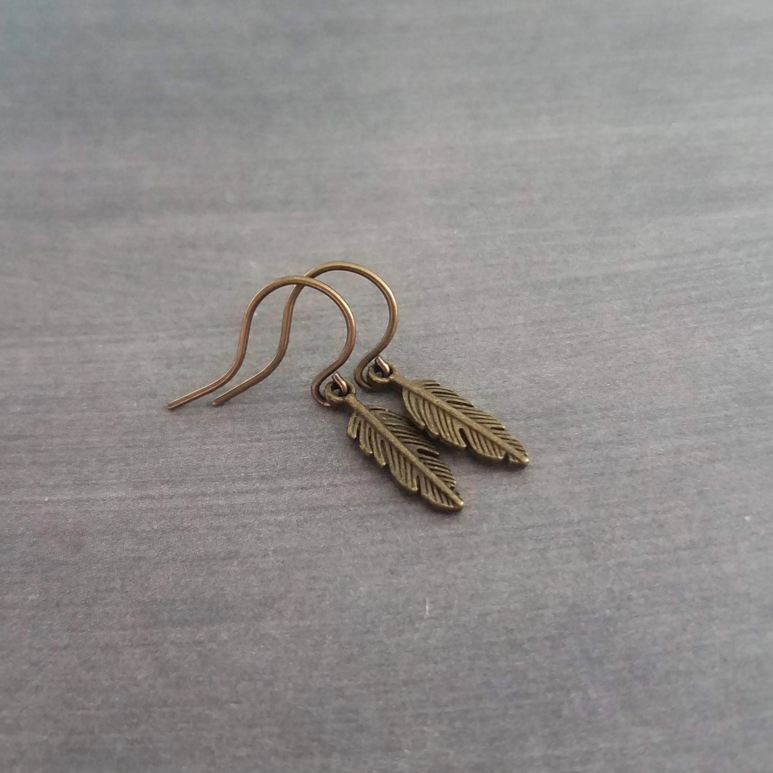 Bronze Feather Earrings, antique brass earring, bronze dangle, small feather earring, tiny feather earring, feather charm, simple feather