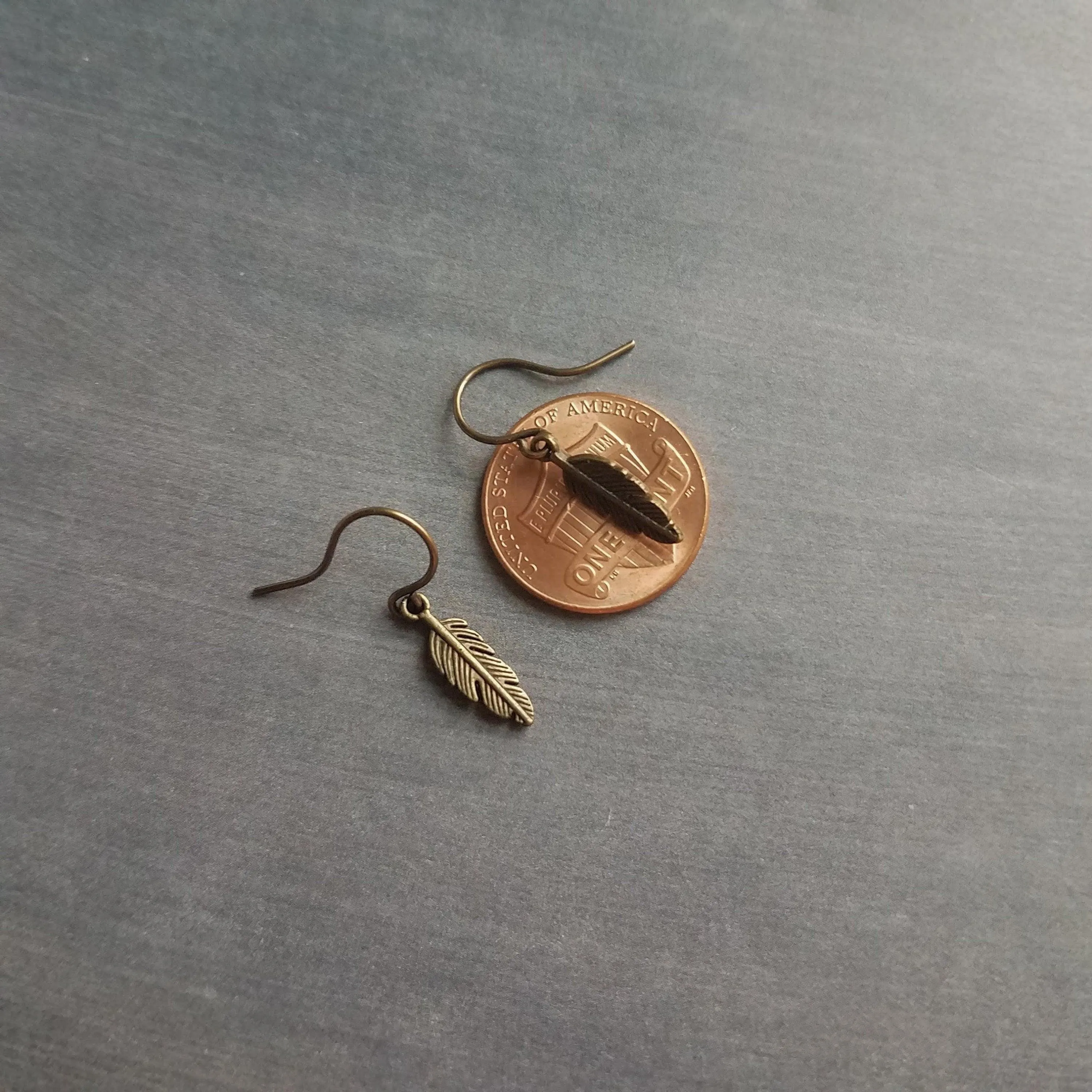Bronze Feather Earrings, antique brass earring, bronze dangle, small feather earring, tiny feather earring, feather charm, simple feather