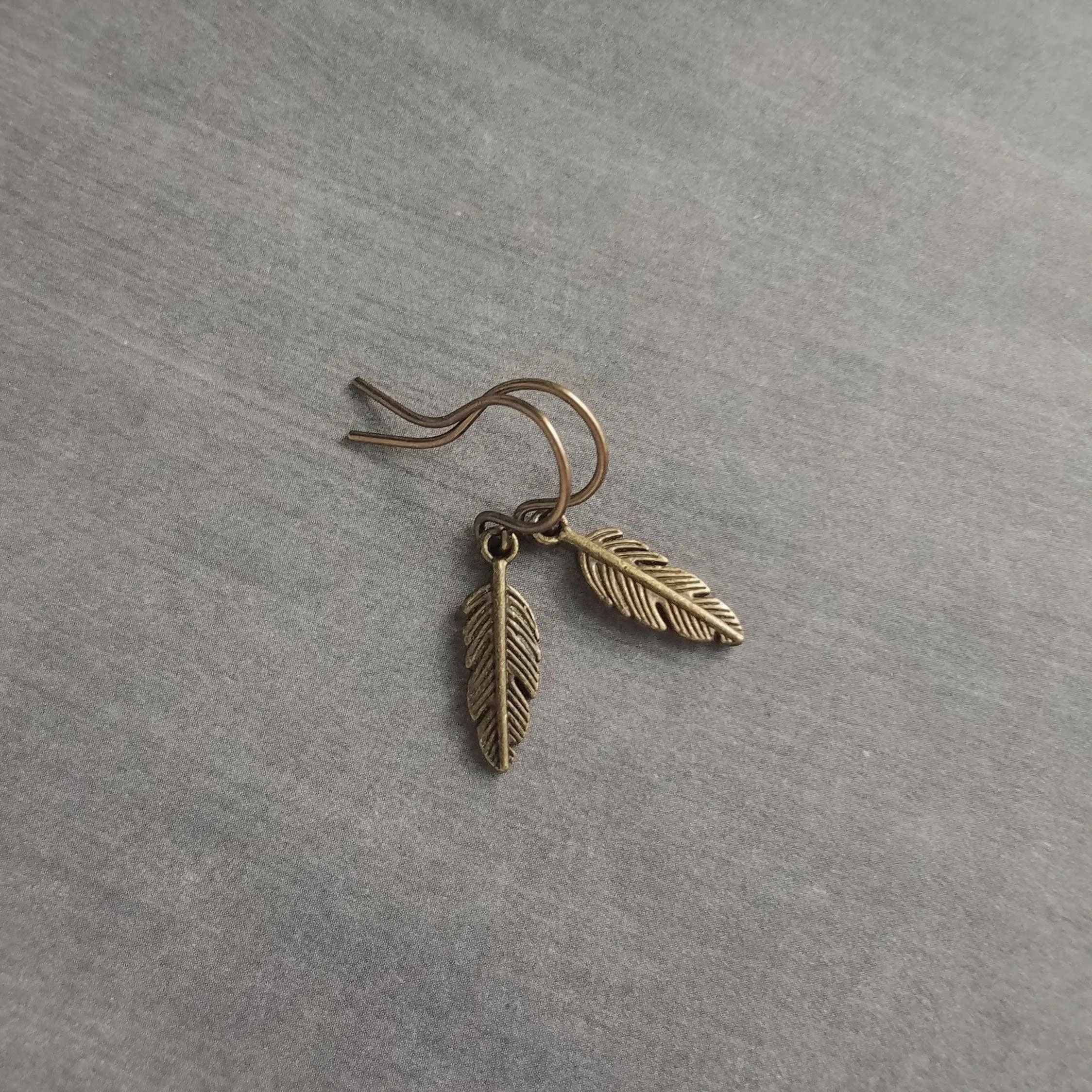 Bronze Feather Earrings, antique brass earring, bronze dangle, small feather earring, tiny feather earring, feather charm, simple feather