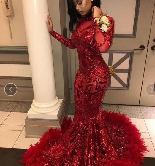 Burgundy sparkly evening dresses long sleeve feather sequin appliqué mermaid African evening gown abendkleider