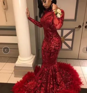 Burgundy sparkly evening dresses long sleeve feather sequin appliqué mermaid African evening gown abendkleider