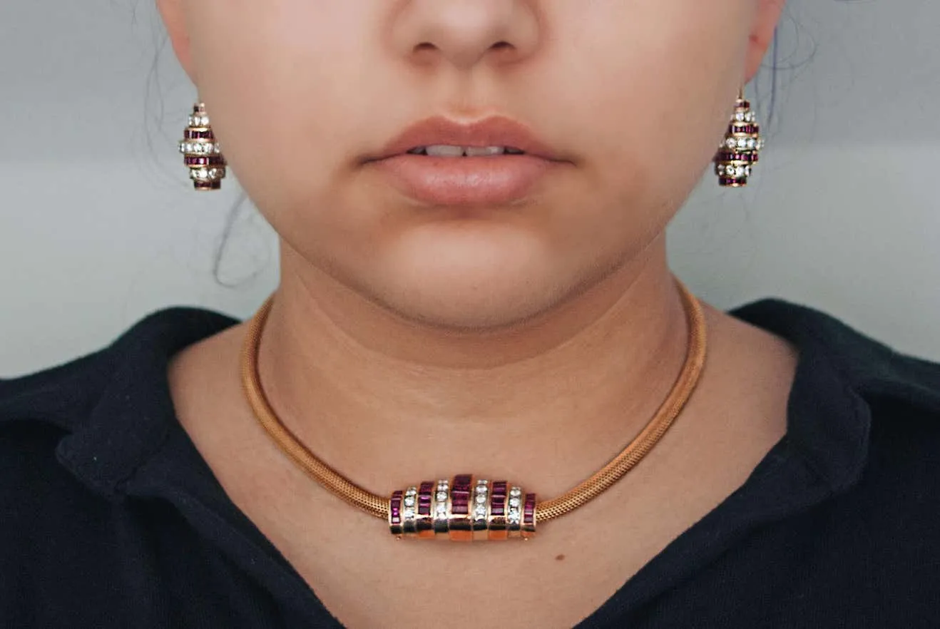 Burma Ruby Diamond Gold Earring and Necklace Suite