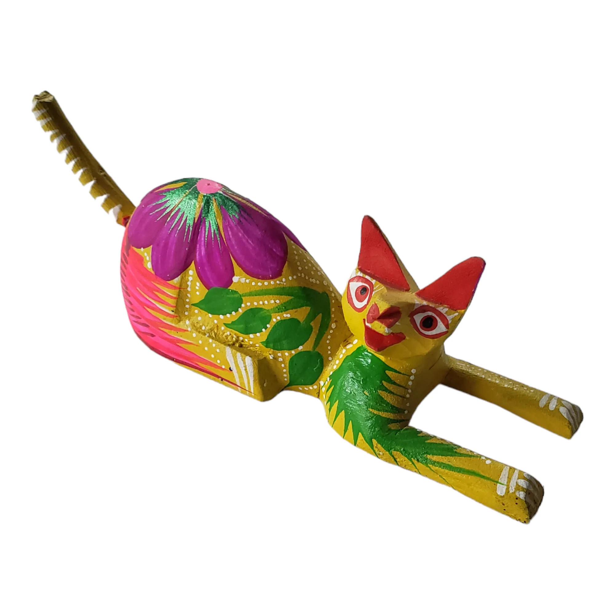 CAT Alebrije Floral Mexican Wood-carving  Folk Art