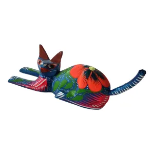 CAT Alebrije Floral Mexican Wood-carving  Folk Art