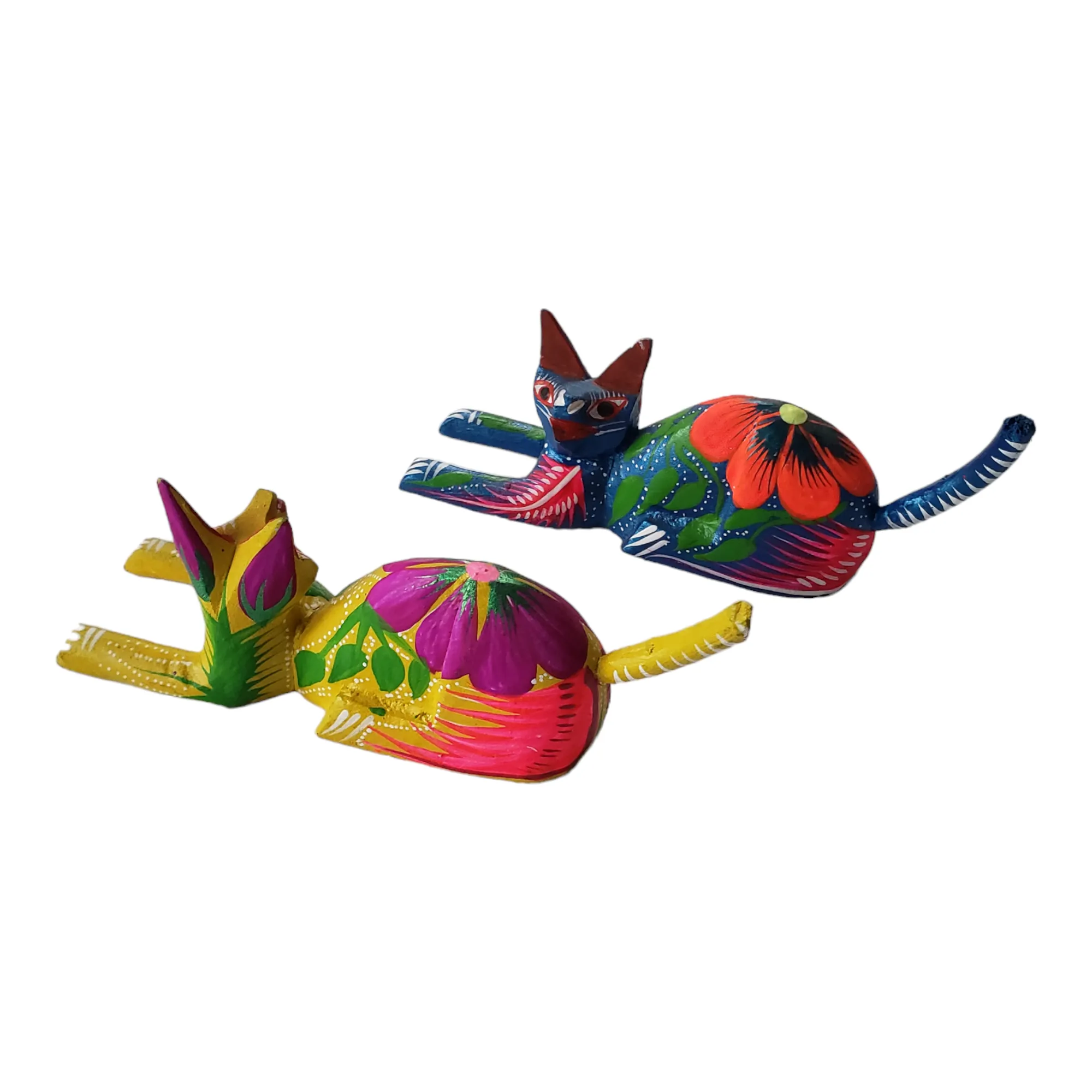 CAT Alebrije Floral Mexican Wood-carving  Folk Art