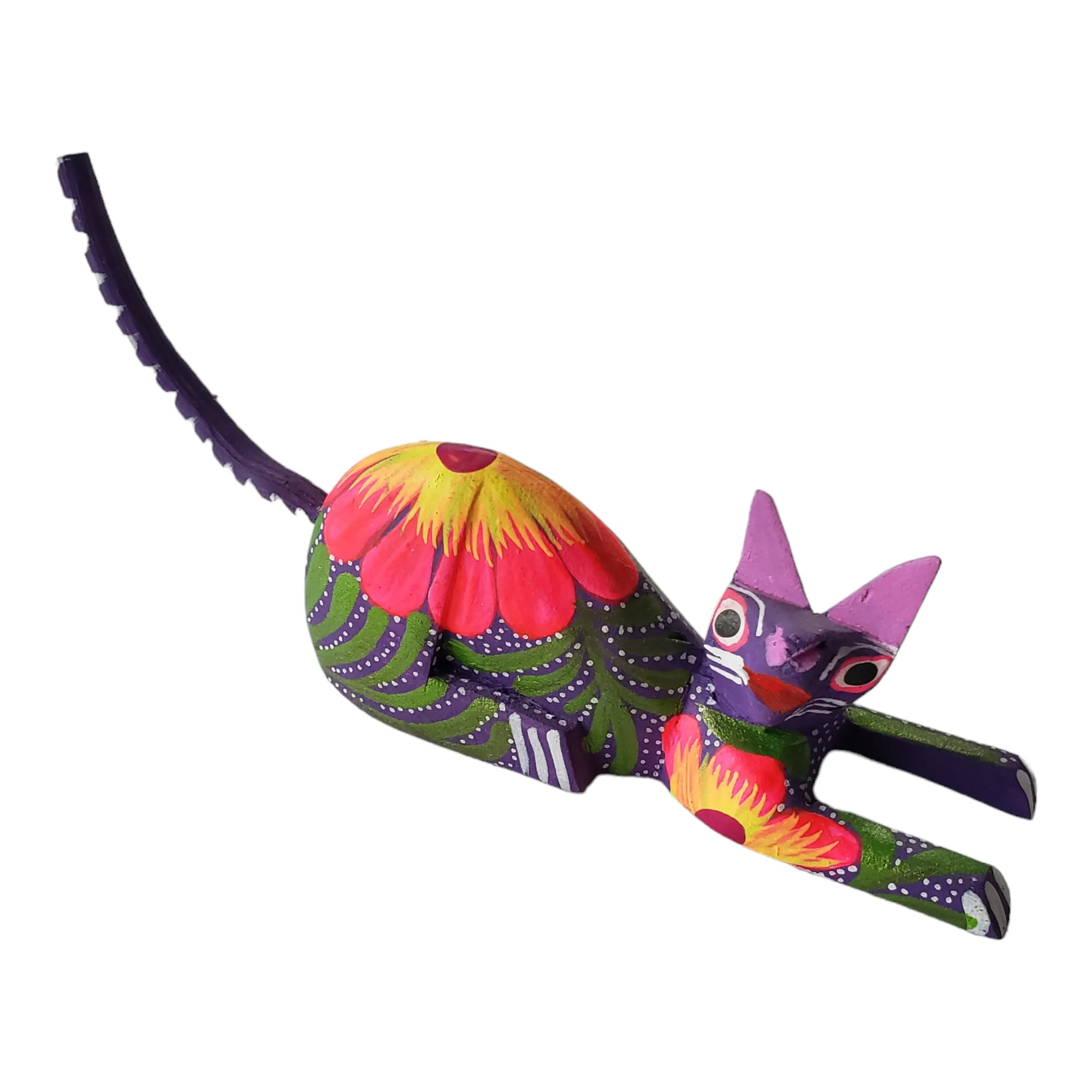 CAT Alebrije Floral Mexican Wood-carving  Folk Art
