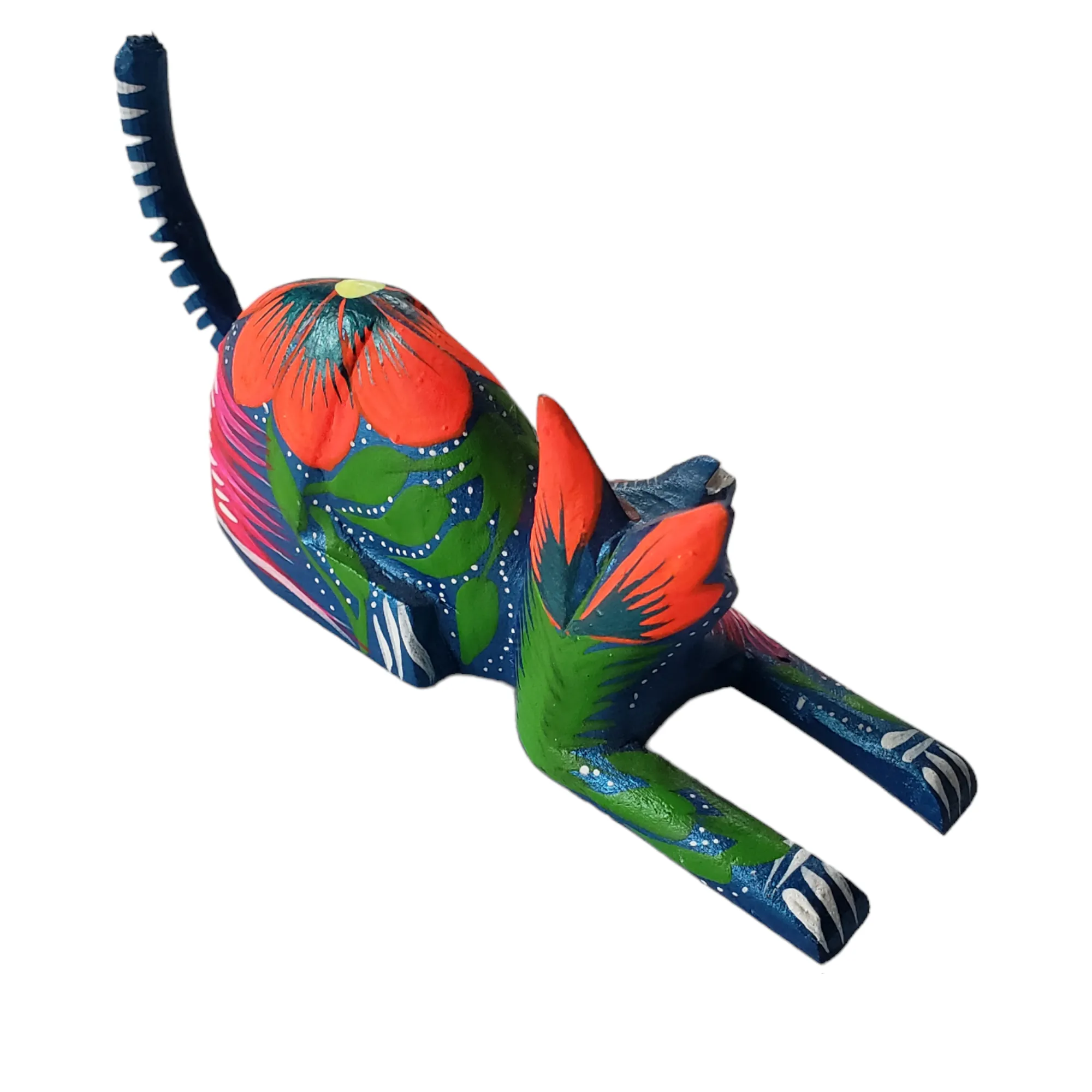 CAT Alebrije Floral Mexican Wood-carving  Folk Art