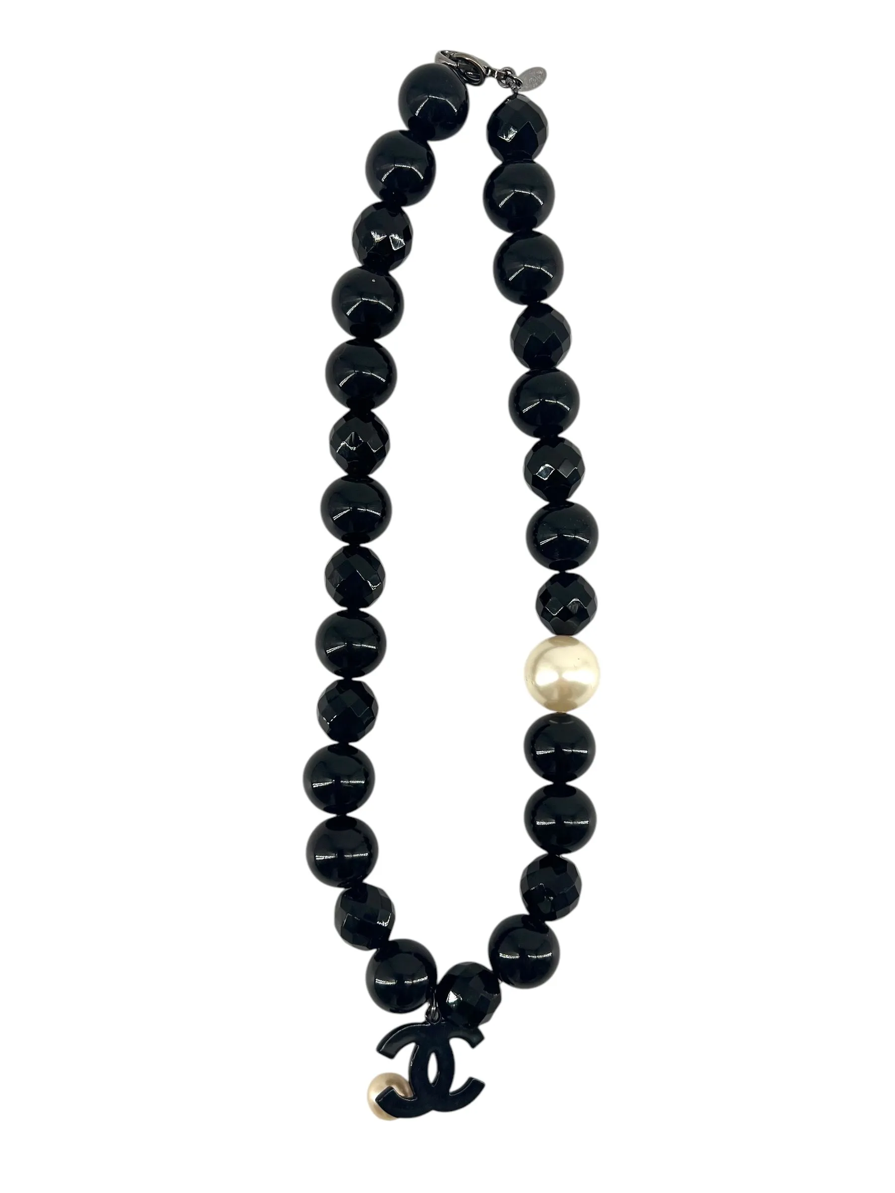 CHANEL 2005 Black Resin Bead & Faux Pearl Monogram Logo Necklace