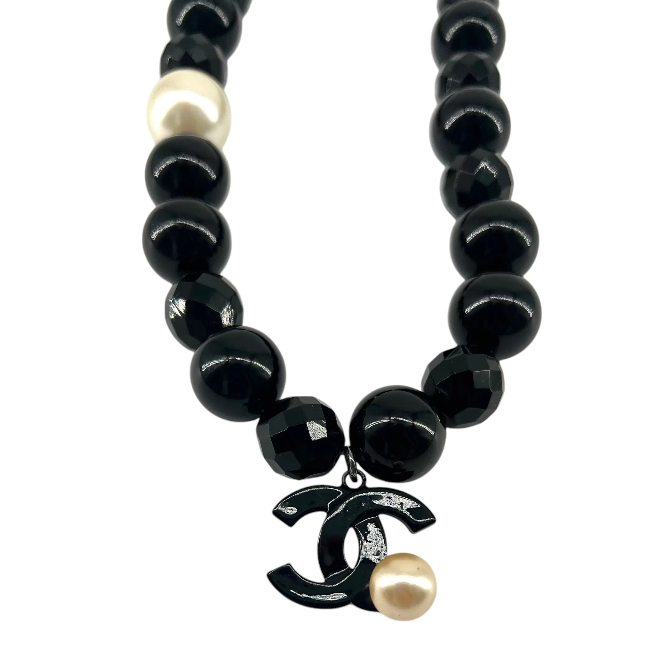 CHANEL 2005 Black Resin Bead & Faux Pearl Monogram Logo Necklace