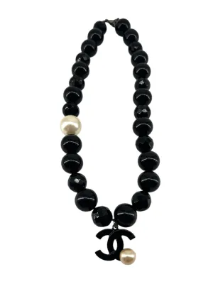 CHANEL 2005 Black Resin Bead & Faux Pearl Monogram Logo Necklace