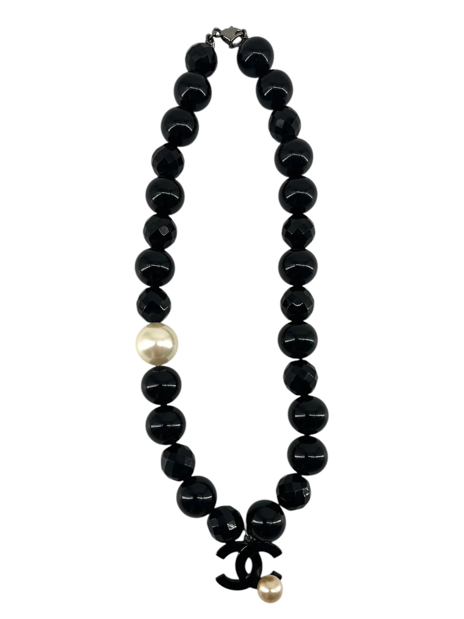 CHANEL 2005 Black Resin Bead & Faux Pearl Monogram Logo Necklace