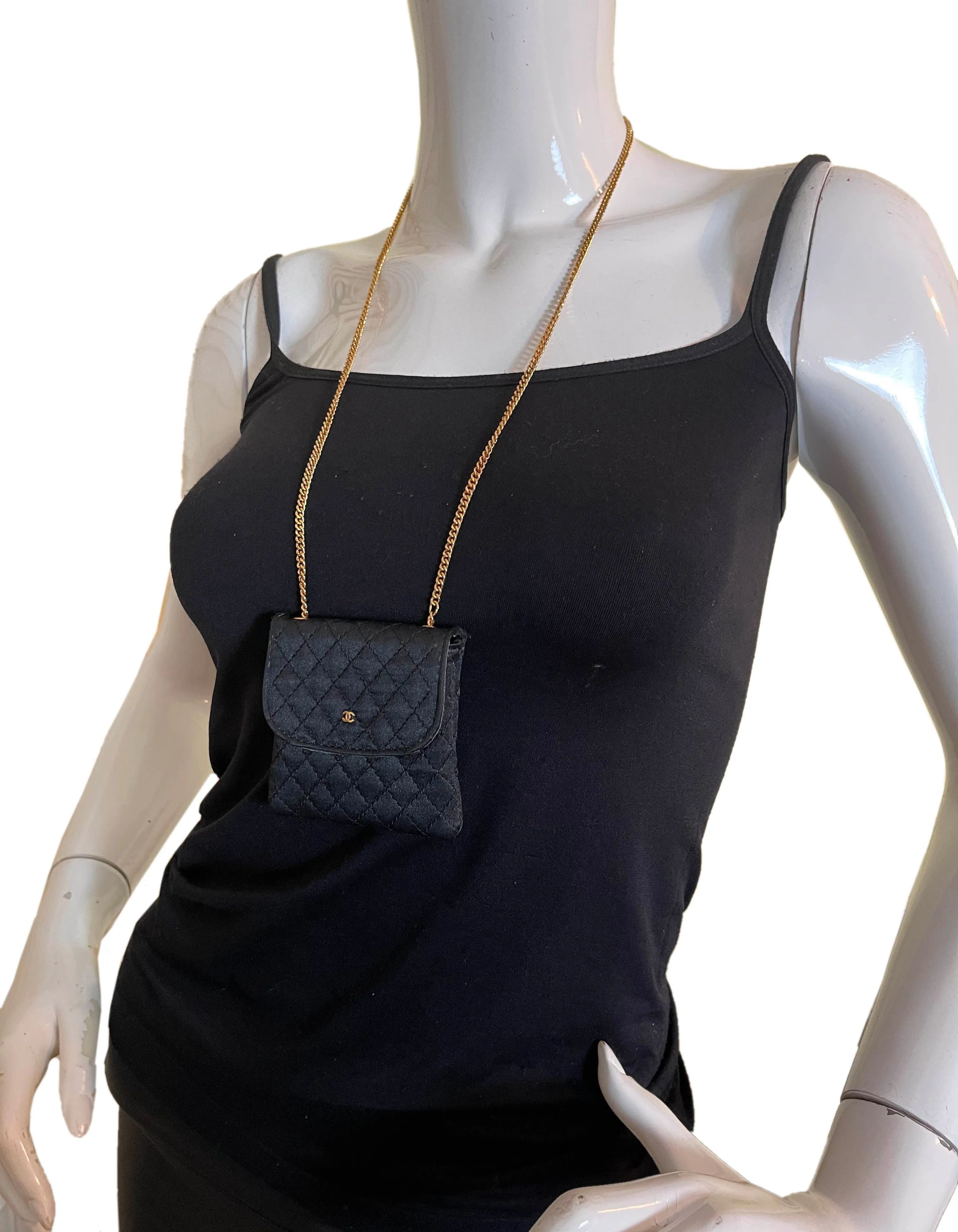 Chanel Black Vintage Quilted Satin Micro Flap Bag Necklace
