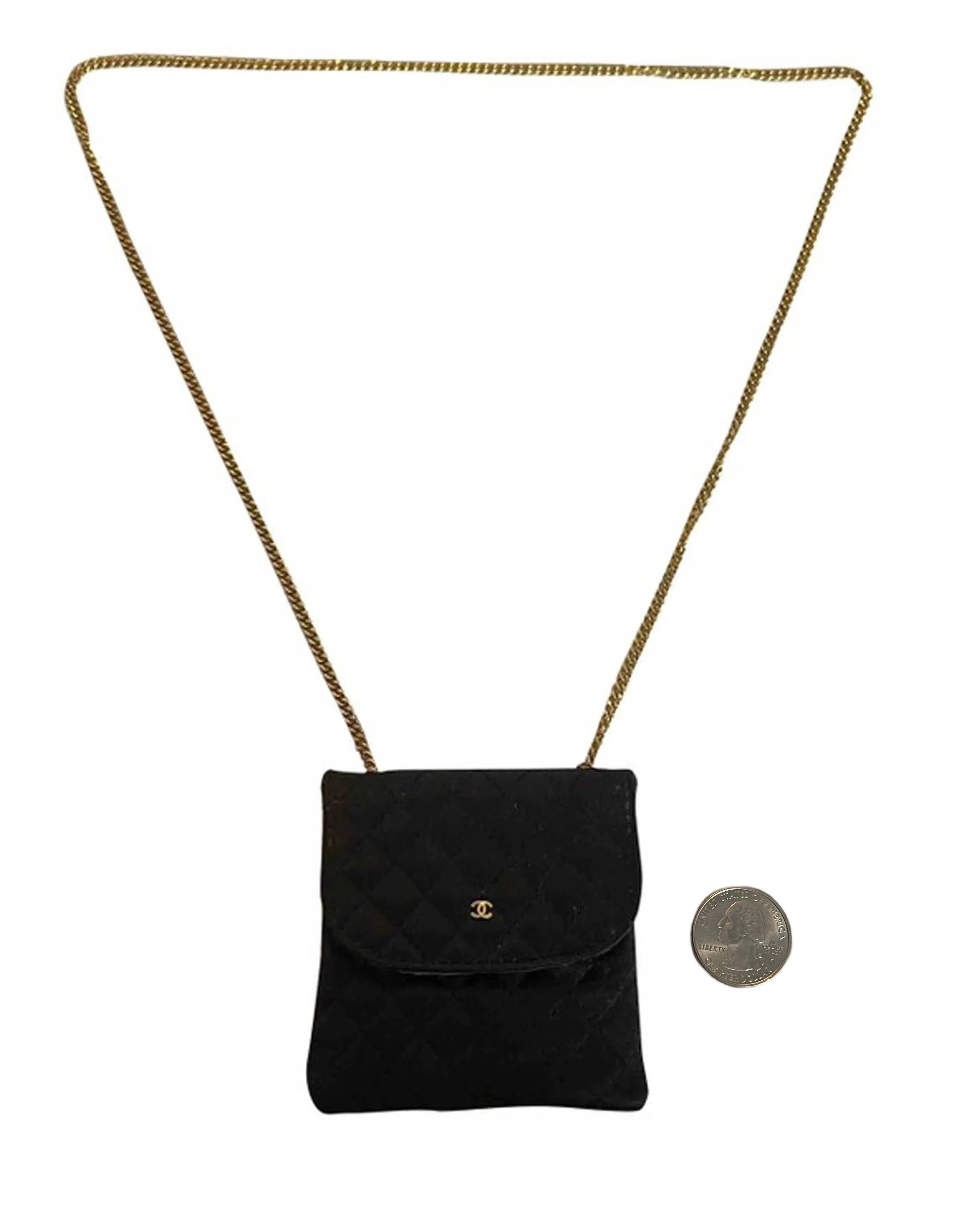 Chanel Black Vintage Quilted Satin Micro Flap Bag Necklace